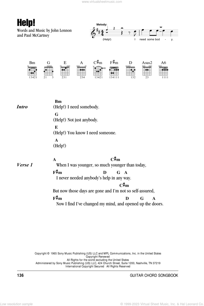 Help! sheet music for guitar (chords) by The Beatles, John Lennon and Paul McCartney, intermediate skill level