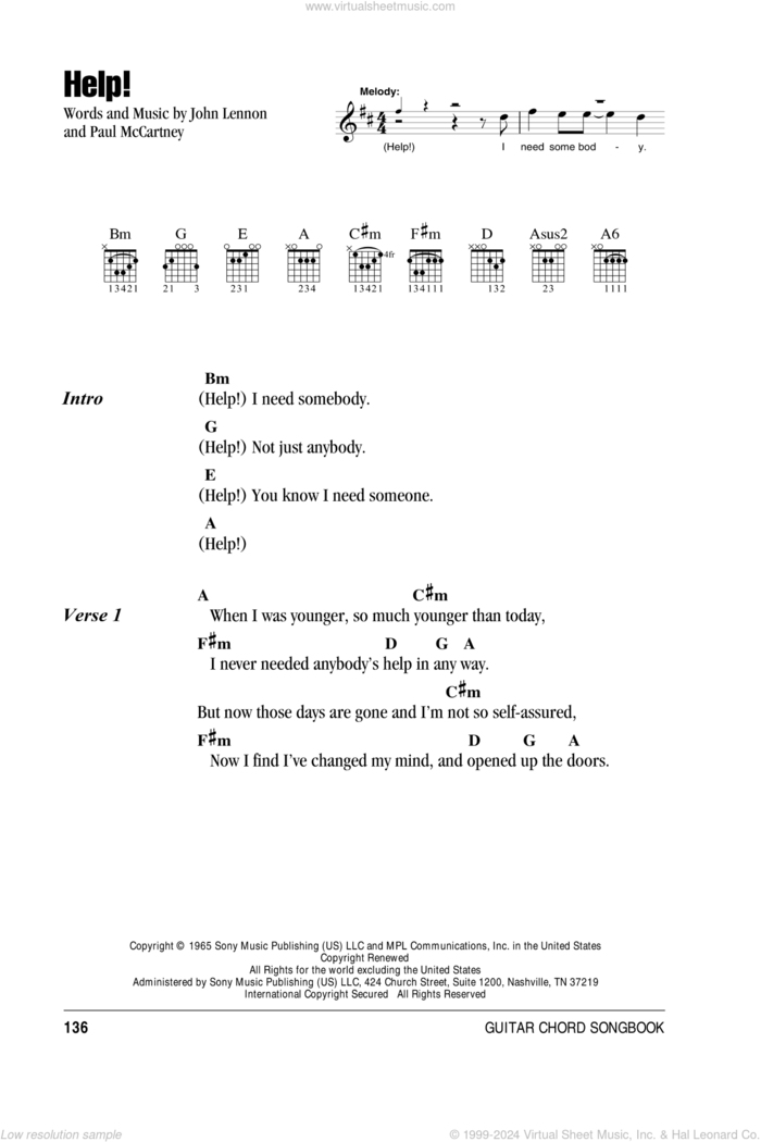 Help! sheet music for guitar (chords) by The Beatles, John Lennon and Paul McCartney, intermediate skill level