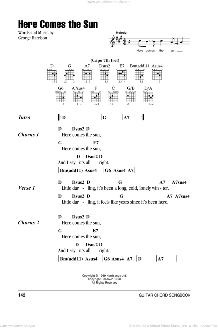 Here Comes The Sun sheet music for guitar (chords) by The Beatles and George Harrison, intermediate skill level