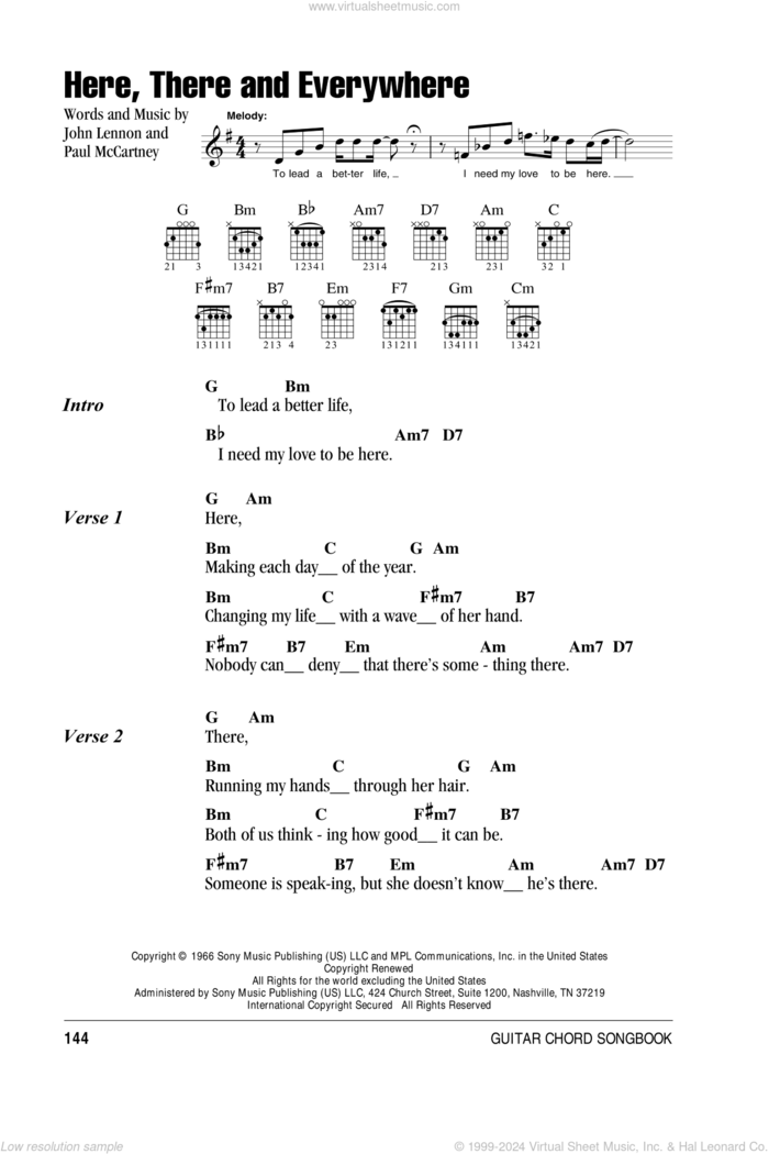 Here, There And Everywhere sheet music for guitar (chords) by The Beatles, John Lennon and Paul McCartney, wedding score, intermediate skill level