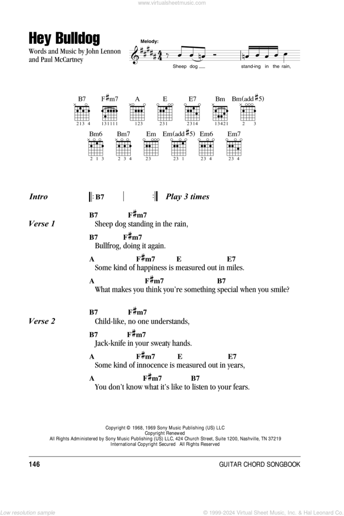 Hey Bulldog sheet music for guitar (chords) by The Beatles, John Lennon and Paul McCartney, intermediate skill level