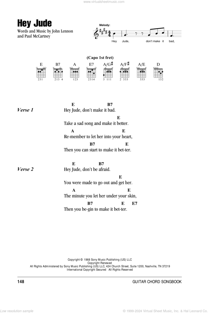 Hey Jude sheet music for guitar (chords) by The Beatles, John Lennon and Paul McCartney, intermediate skill level