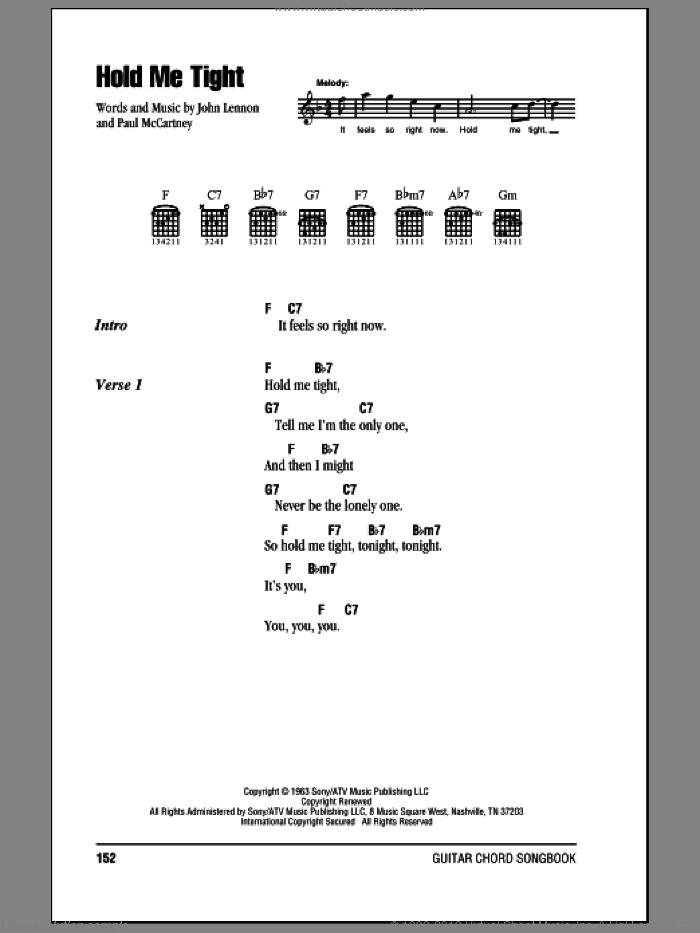 Hold Me Tight sheet music for guitar (chords) by The Beatles, John Lennon and Paul McCartney, intermediate skill level