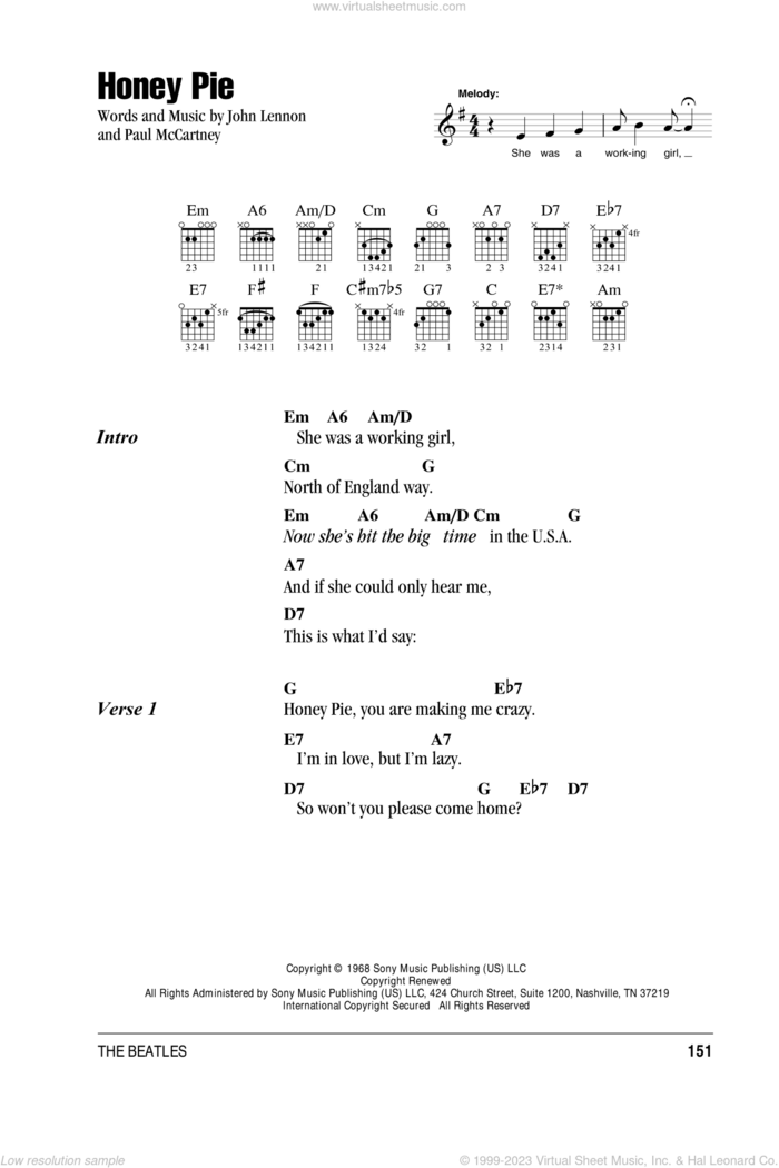 Honey Pie sheet music for guitar (chords) by The Beatles, John Lennon and Paul McCartney, intermediate skill level