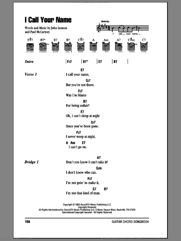 I Call Your Name sheet music for guitar (chords) by The Beatles, John Lennon and Paul McCartney, intermediate skill level