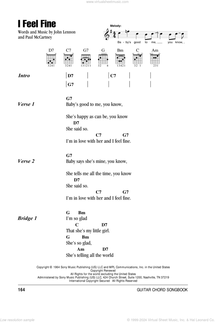 I Feel Fine sheet music for guitar (chords) by The Beatles, John Lennon and Paul McCartney, intermediate skill level