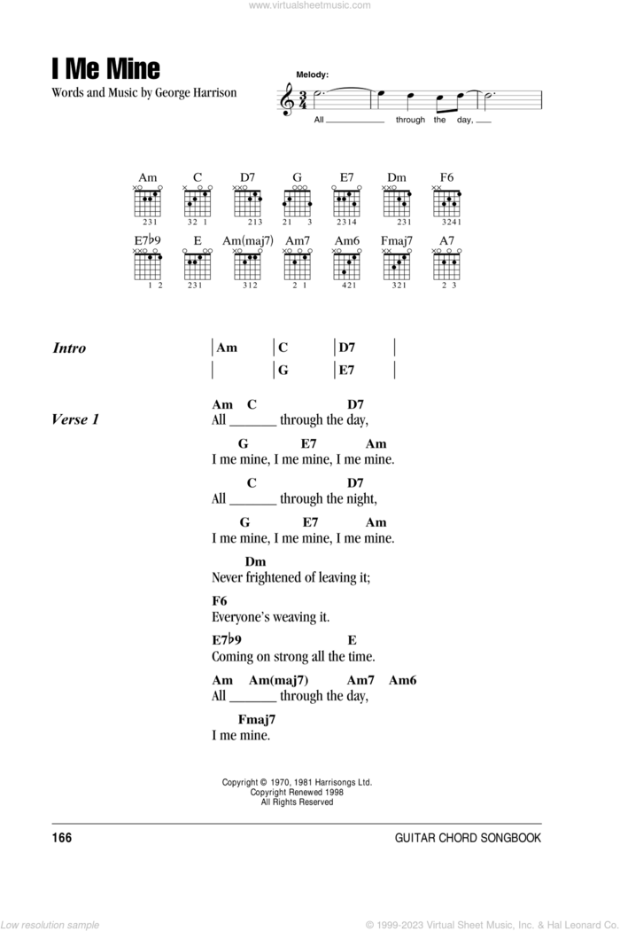 I Me Mine sheet music for guitar (chords) by The Beatles and George Harrison, intermediate skill level