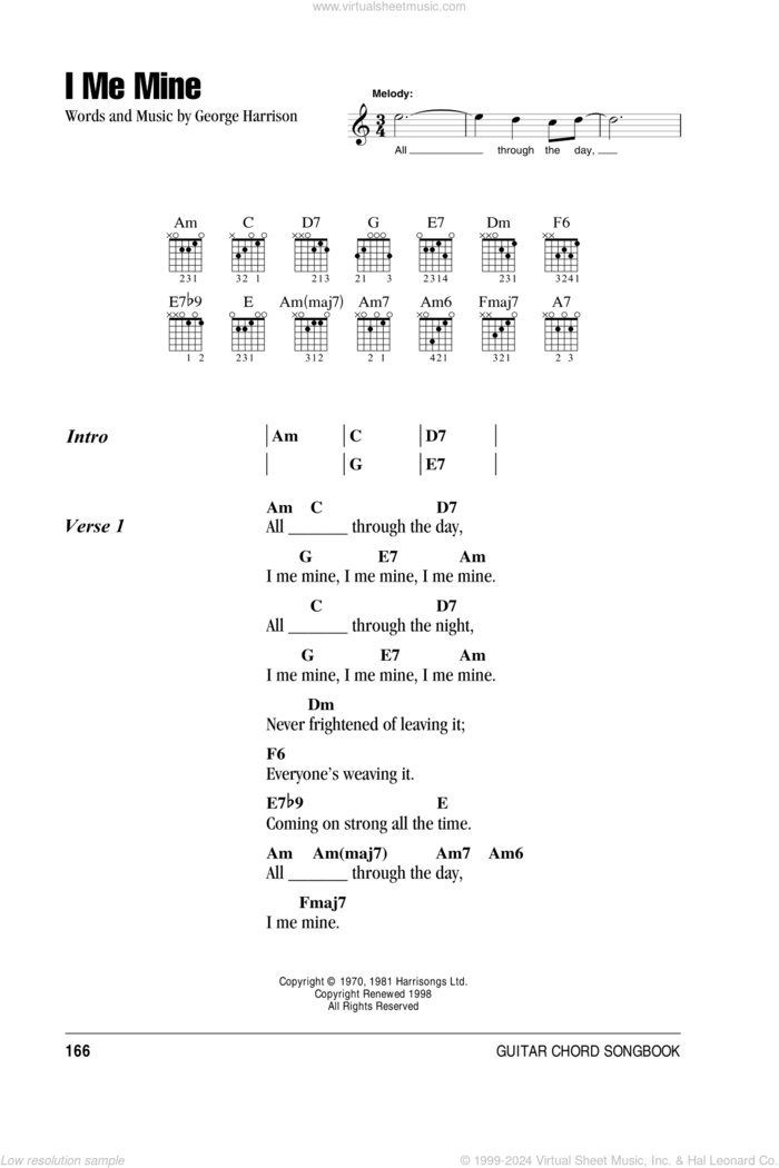 I Me Mine sheet music for guitar (chords) by The Beatles and George Harrison, intermediate skill level