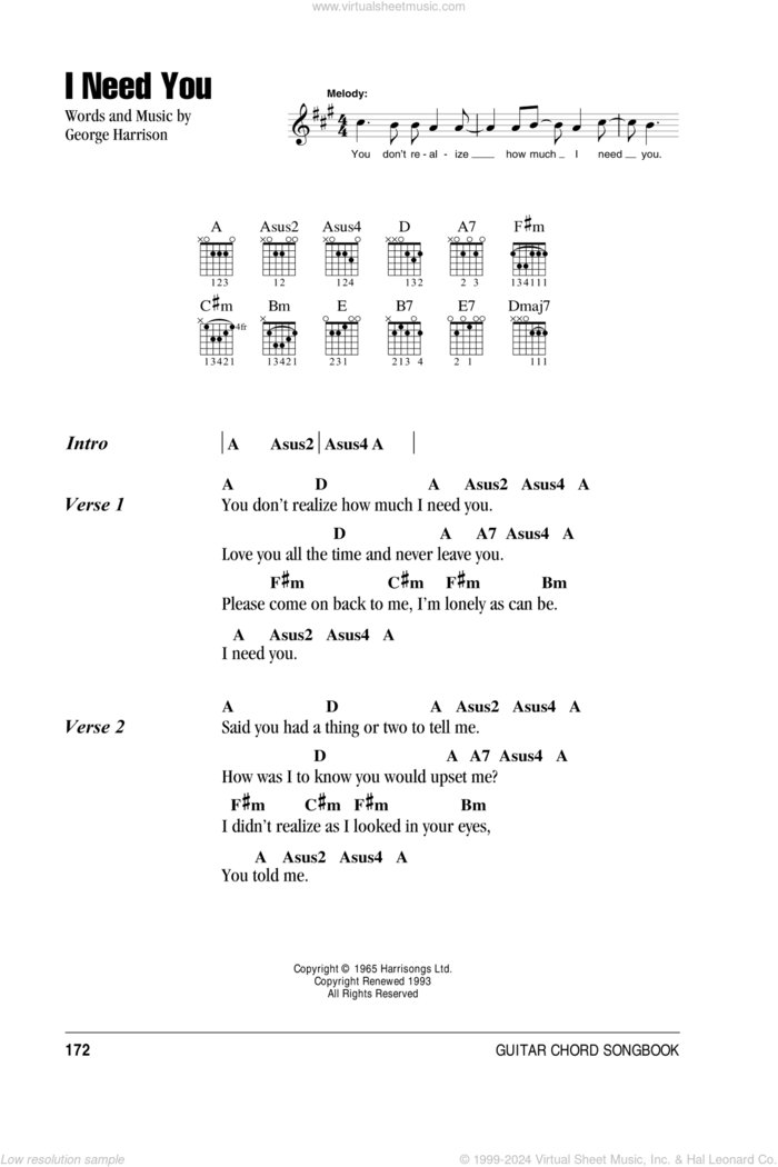 I Need You sheet music for guitar (chords) by The Beatles and George Harrison, intermediate skill level