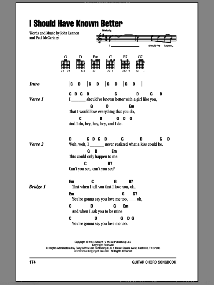I Should Have Known Better sheet music for guitar (chords) by The Beatles, John Lennon and Paul McCartney, intermediate skill level