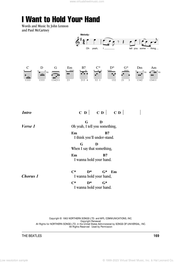 I Want To Hold Your Hand sheet music for guitar (chords) by The Beatles, John Lennon and Paul McCartney, intermediate skill level