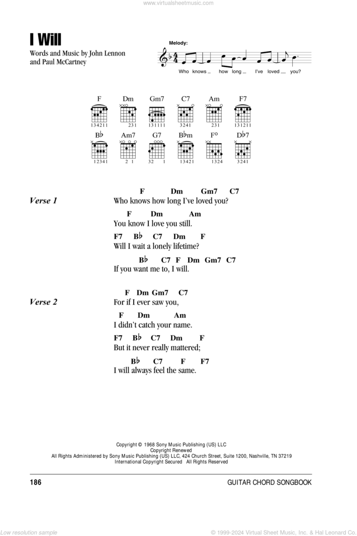 I Will sheet music for guitar (chords) by The Beatles, John Lennon and Paul McCartney, wedding score, intermediate skill level