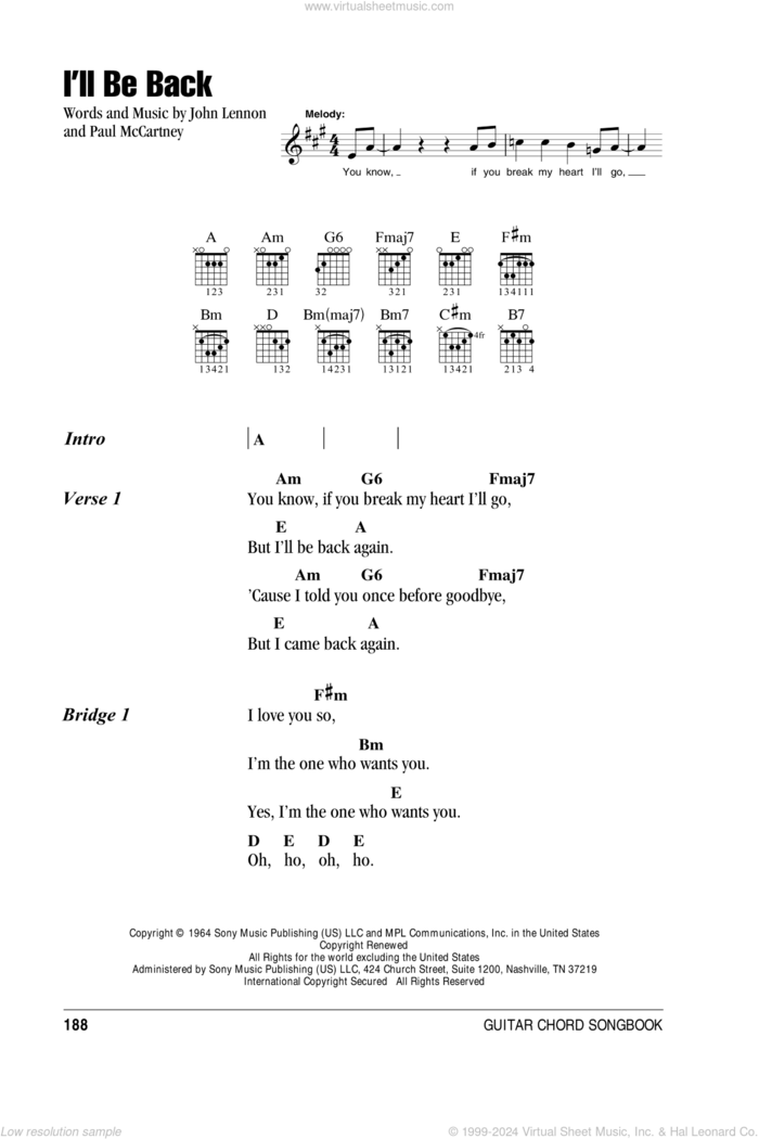 I'll Be Back sheet music for guitar (chords) by The Beatles, John Lennon and Paul McCartney, intermediate skill level