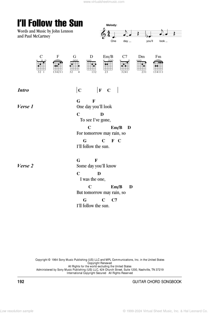 I'll Follow The Sun sheet music for guitar (chords) by The Beatles, John Lennon and Paul McCartney, intermediate skill level