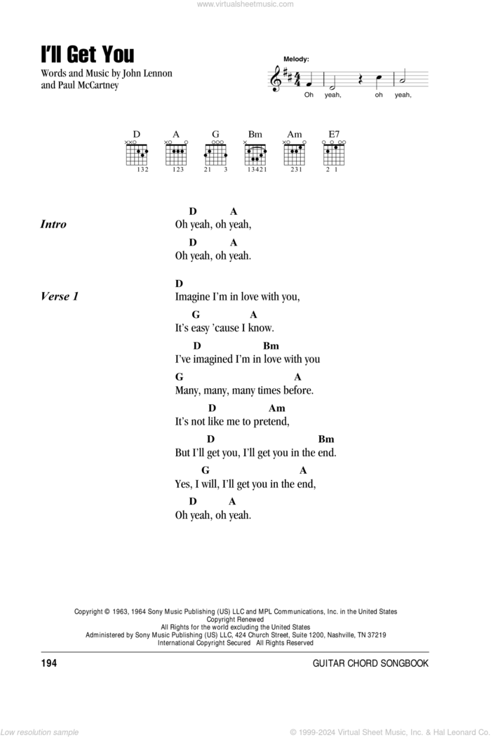 I'll Get You sheet music for guitar (chords) by The Beatles, John Lennon and Paul McCartney, intermediate skill level