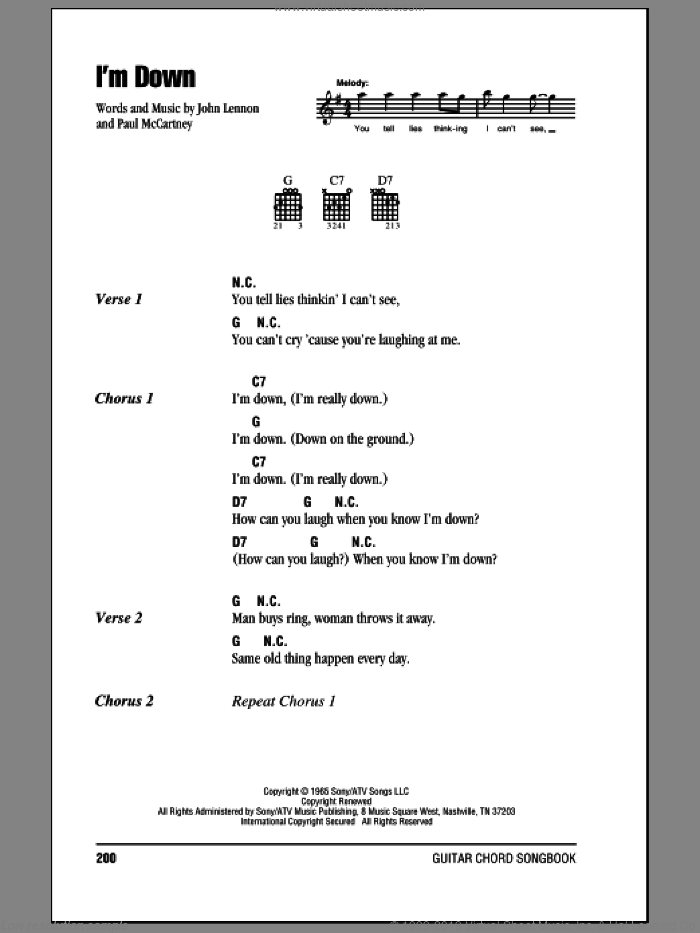 I'm Down sheet music for guitar (chords) by The Beatles, John Lennon and Paul McCartney, intermediate skill level
