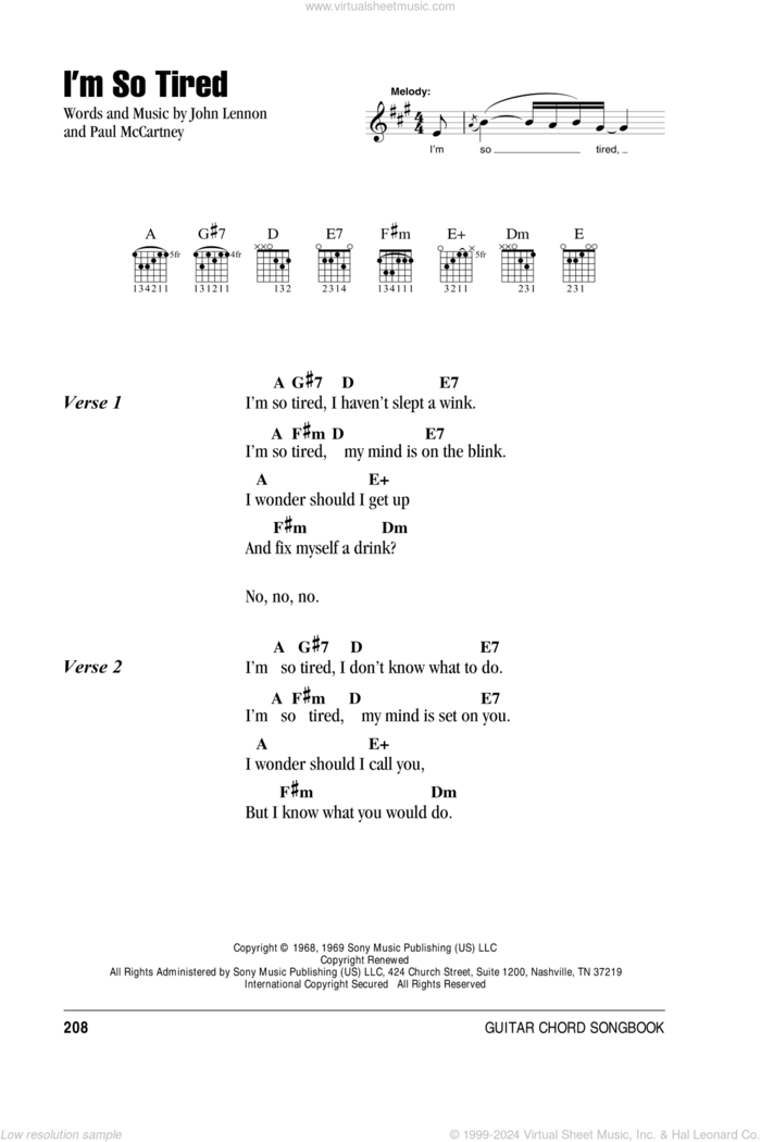 I'm So Tired sheet music for guitar (chords) by The Beatles, John Lennon and Paul McCartney, intermediate skill level