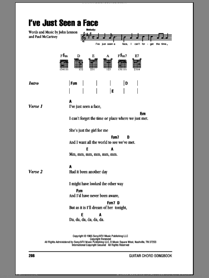 I've Just Seen A Face sheet music for guitar (chords) by The Beatles, John Lennon and Paul McCartney, intermediate skill level