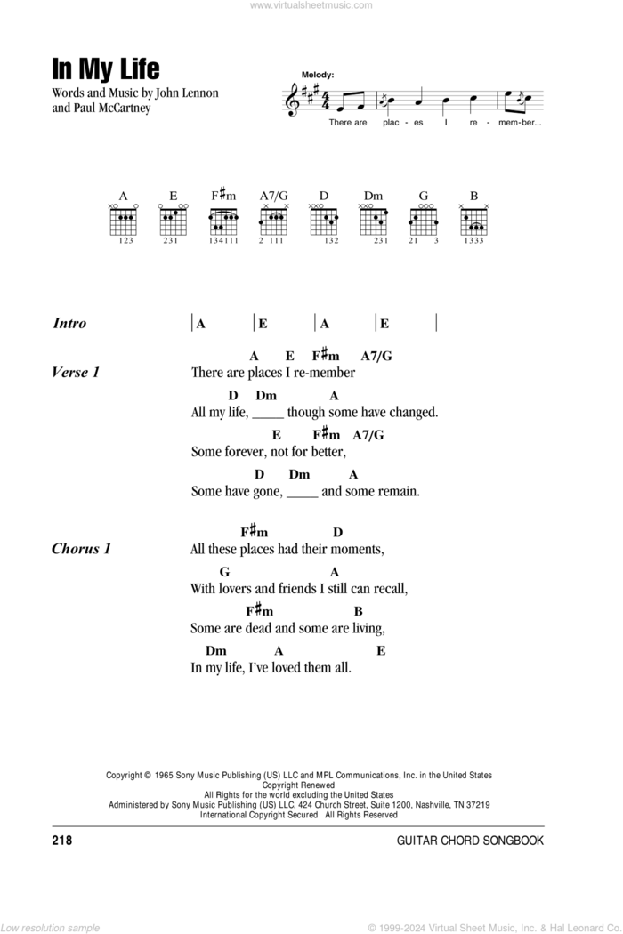 In My Life sheet music for guitar (chords) by The Beatles, John Lennon and Paul McCartney, wedding score, intermediate skill level