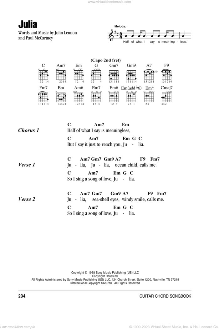 Julia sheet music for guitar (chords) by The Beatles, John Lennon and Paul McCartney, intermediate skill level