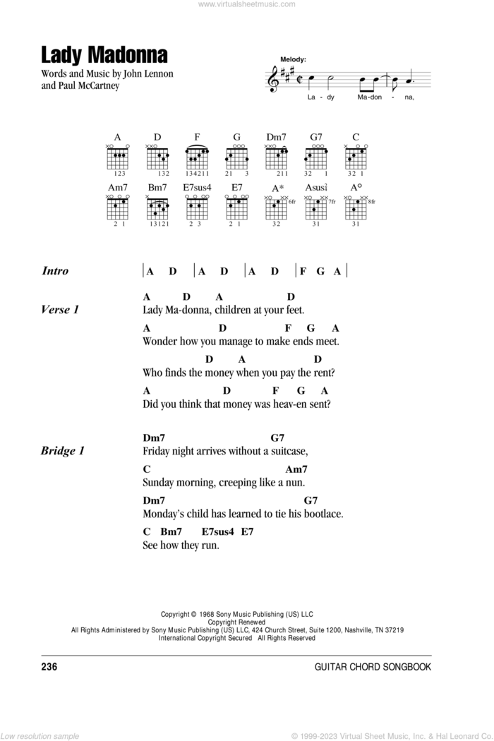 Lady Madonna sheet music for guitar (chords) by The Beatles, John Lennon and Paul McCartney, intermediate skill level
