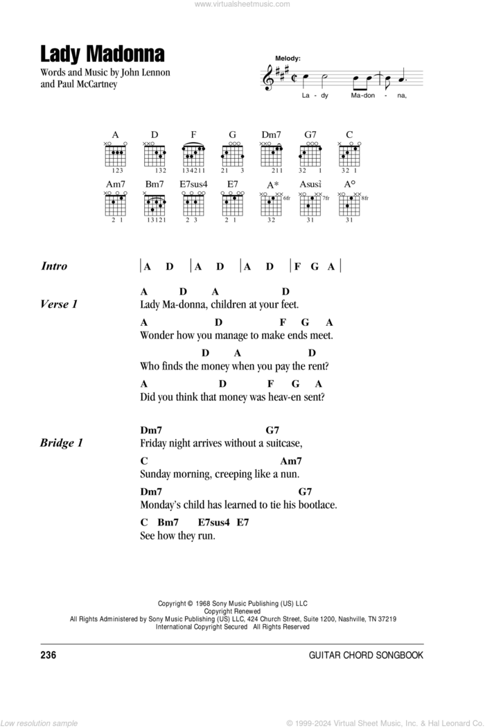 Lady Madonna sheet music for guitar (chords) by The Beatles, John Lennon and Paul McCartney, intermediate skill level