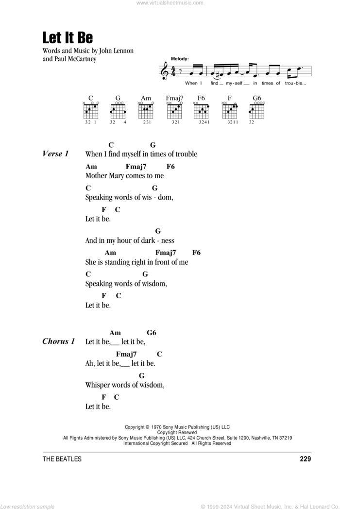 Let It Be sheet music for guitar (chords) by The Beatles, John Lennon and Paul McCartney, intermediate skill level