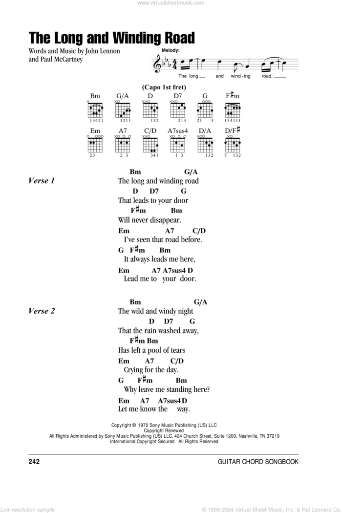 The Long And Winding Road sheet music for guitar (chords) by The Beatles, John Lennon and Paul McCartney, intermediate skill level