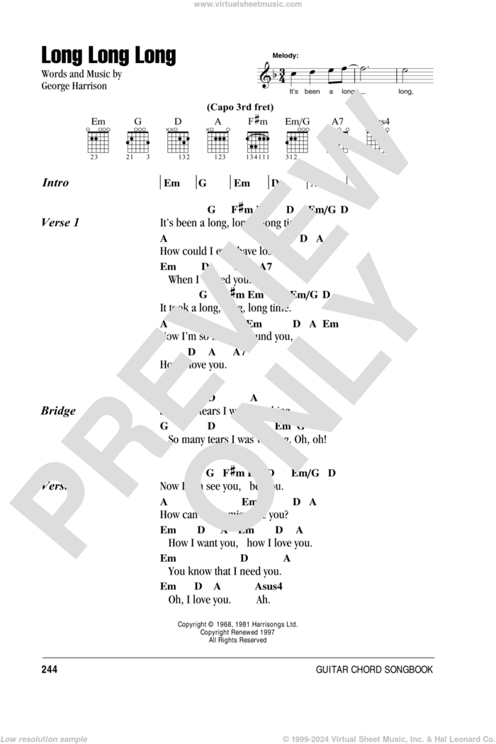 Long Long Long sheet music for guitar (chords) by The Beatles and George Harrison, intermediate skill level