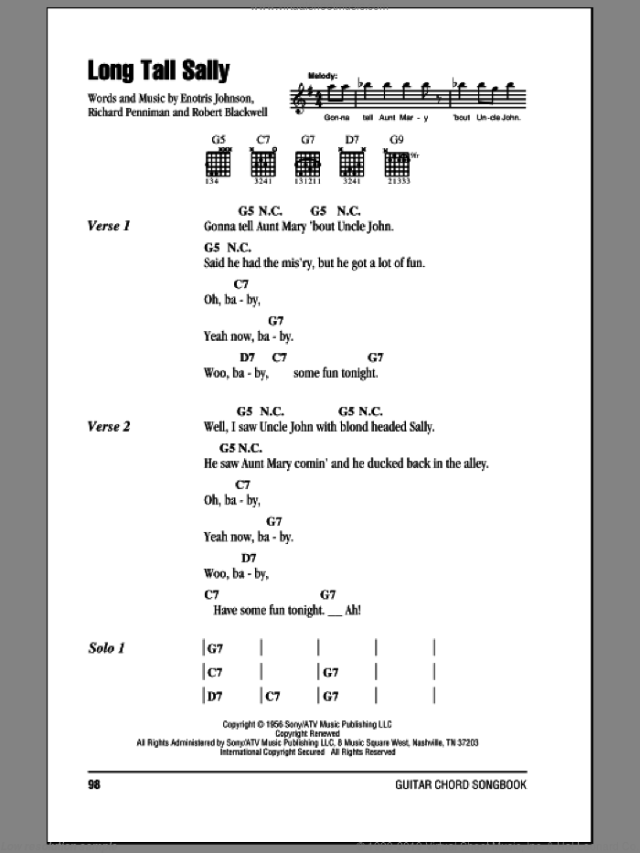 Long Tall Sally sheet music for guitar (chords) by The Beatles, Little Richard, Enotris Johnson, Richard Penniman and Robert Blackwell, intermediate skill level