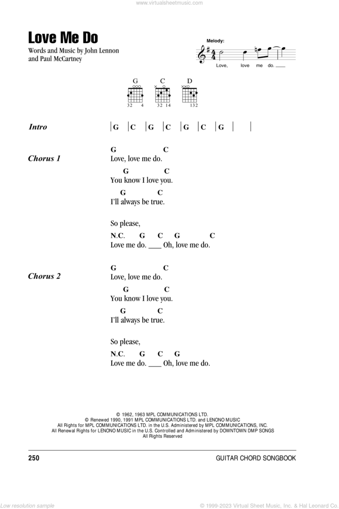 Love Me Do sheet music for guitar (chords) by The Beatles, John Lennon and Paul McCartney, intermediate skill level