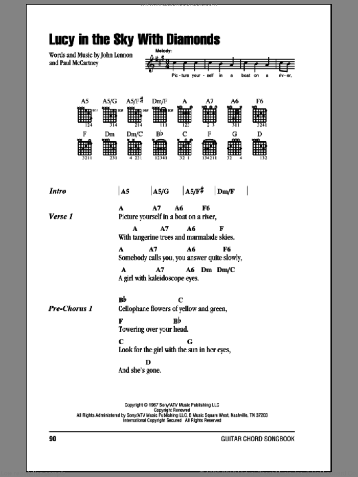 Lucy In The Sky With Diamonds sheet music for guitar (chords) by The Beatles, Elton John, John Lennon and Paul McCartney, intermediate skill level