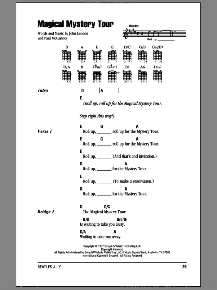 Magical Mystery Tour sheet music for guitar (chords) by The Beatles, John Lennon and Paul McCartney, intermediate skill level