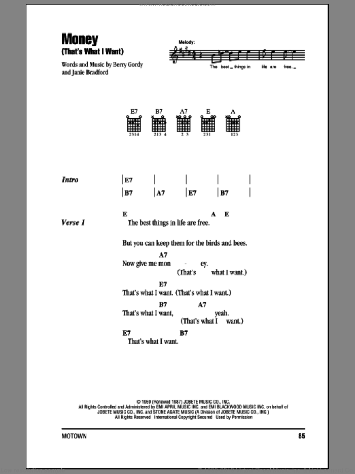 Money (That's What I Want) sheet music for guitar (chords) by The Beatles, Barrett Strong, Berry Gordy and Janie Bradford, intermediate skill level