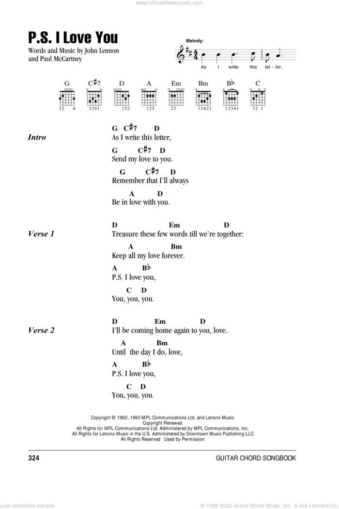 P.S. I Love You sheet music for guitar (chords) by The Beatles, John Lennon and Paul McCartney, intermediate skill level