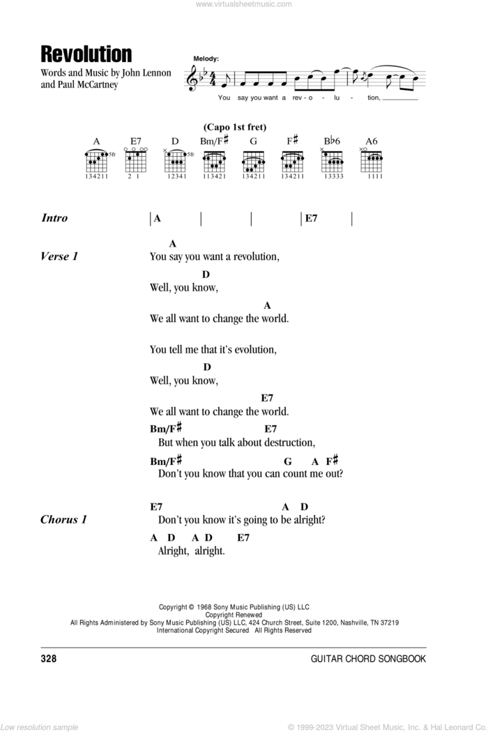 Revolution sheet music for guitar (chords) by The Beatles, John Lennon and Paul McCartney, intermediate skill level