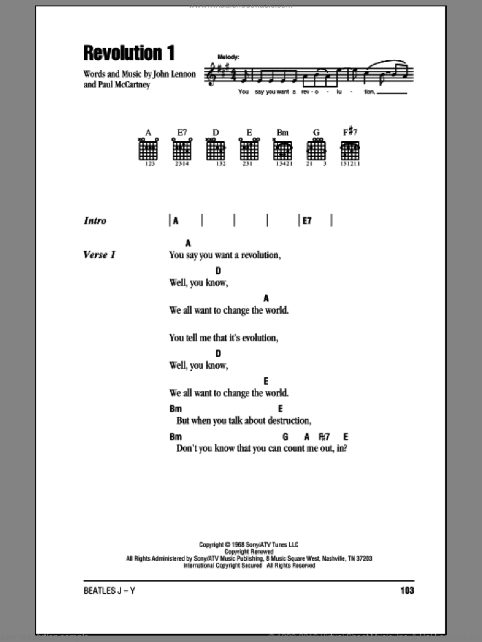 Revolution 1 sheet music for guitar (chords) by The Beatles, John Lennon and Paul McCartney, intermediate skill level