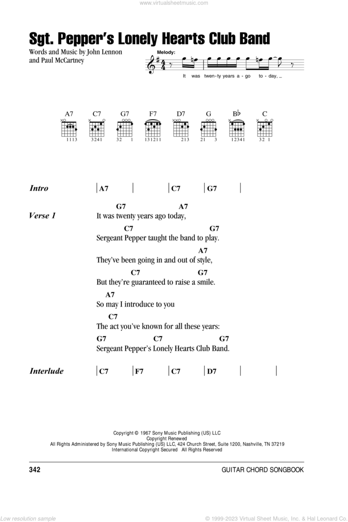 Sgt. Pepper's Lonely Hearts Club Band sheet music for guitar (chords) by The Beatles, John Lennon and Paul McCartney, intermediate skill level