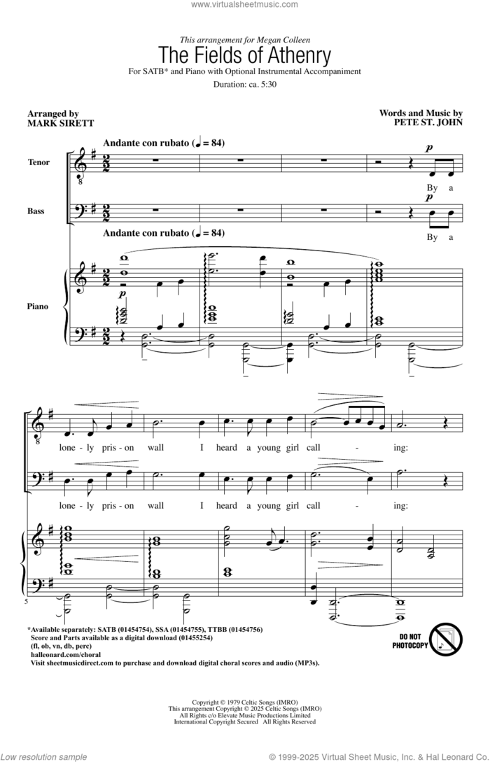 The Fields Of Athenry (arr. Mark Sirett) sheet music for choir (SATB: soprano, alto, tenor, bass) by Pete St. John, Mark Sirett and Richard Bjella, intermediate skill level