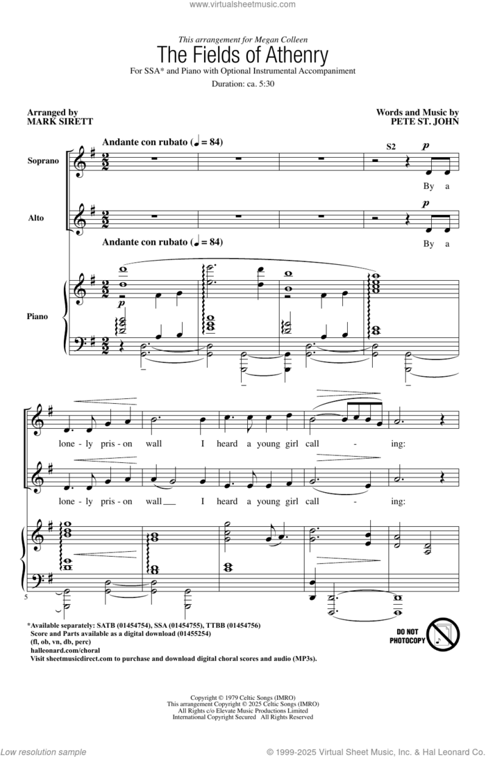 The Fields Of Athenry (arr. Mark Sirett) sheet music for choir (SSA: soprano, alto) by Pete St. John, Mark Sirett and Richard Bjella, intermediate skill level