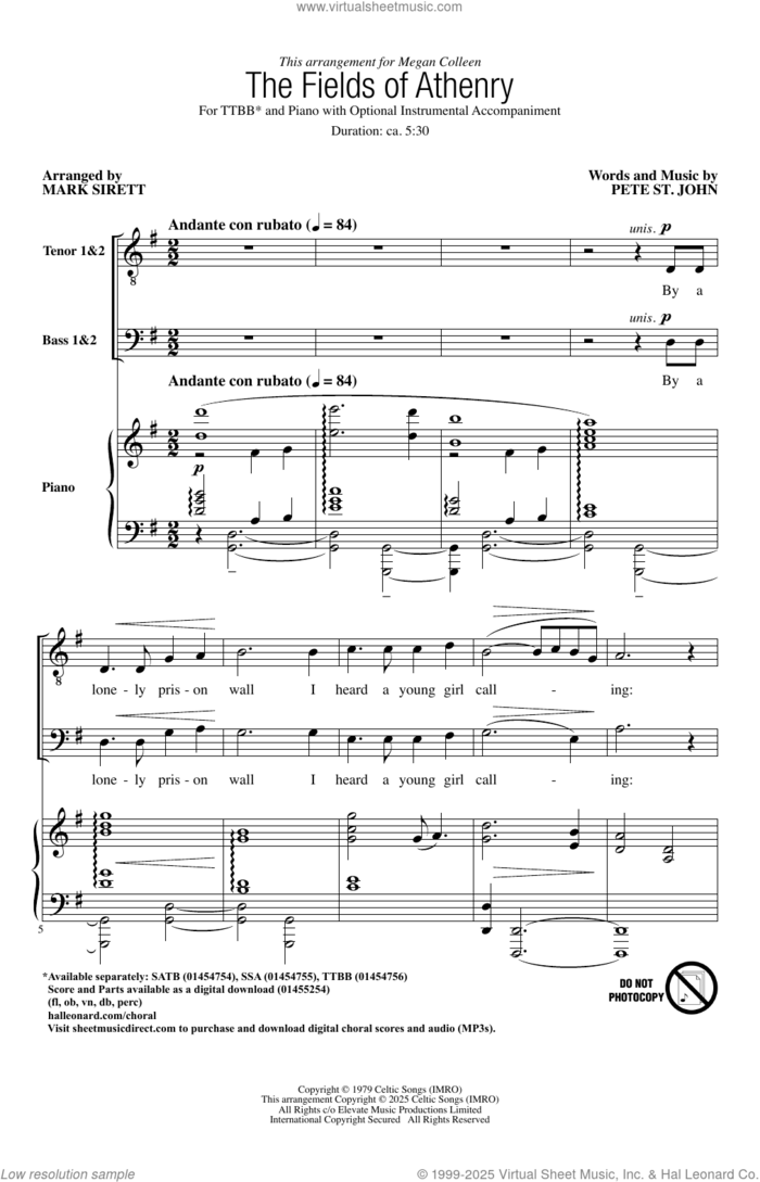 The Fields Of Athenry (arr. Mark Sirett) sheet music for choir (TTBB: tenor, bass) by Pete St. John, Mark Sirett and Richard Bjella, intermediate skill level