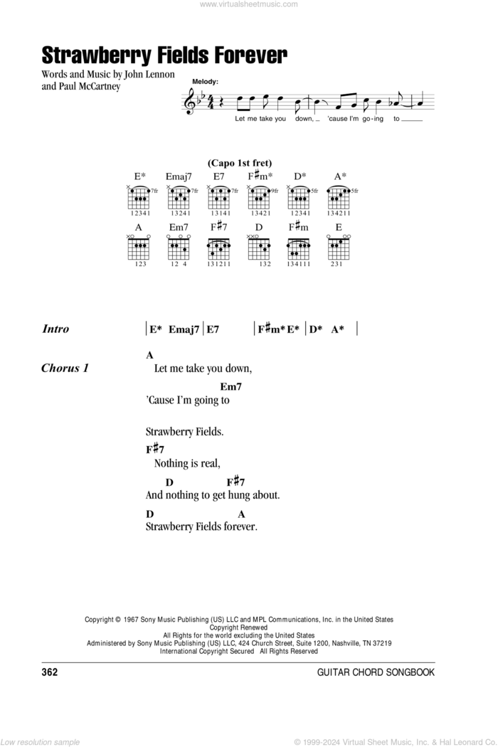 Strawberry Fields Forever sheet music for guitar (chords) by The Beatles, John Lennon and Paul McCartney, intermediate skill level