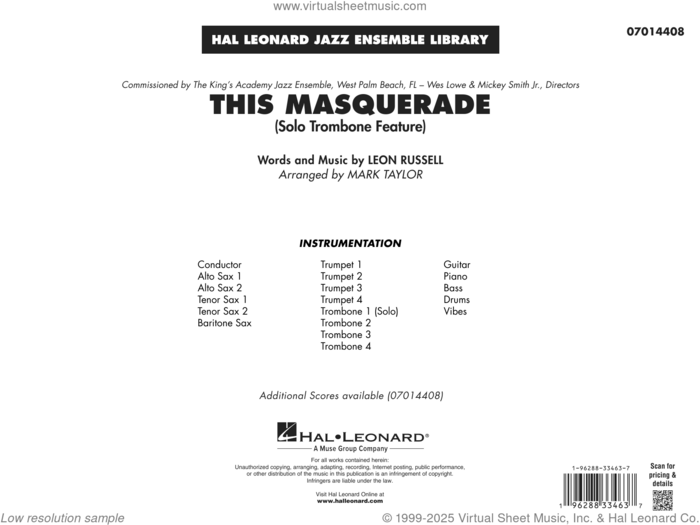 This Masquerade (arr. Mark Taylor) (COMPLETE) sheet music for jazz band by Mark Taylor and Leon Russell, intermediate skill level