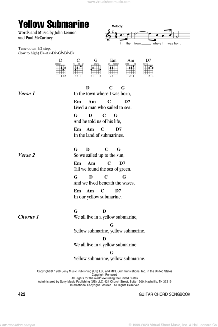 Yellow Submarine sheet music for guitar (chords) by The Beatles, John Lennon and Paul McCartney, intermediate skill level