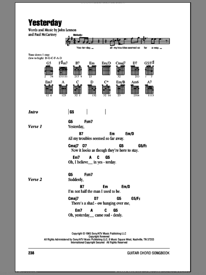 Yesterday sheet music for guitar (chords) by The Beatles, John Lennon and Paul McCartney, intermediate skill level