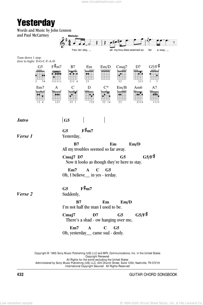 Yesterday sheet music for guitar (chords) by The Beatles, John Lennon and Paul McCartney, intermediate skill level