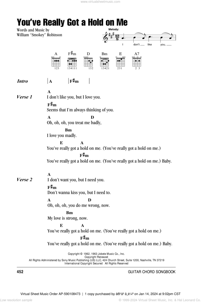 You've Really Got A Hold On Me sheet music for guitar (chords) by Smokey Robinson & The Miracles and The Beatles, intermediate skill level