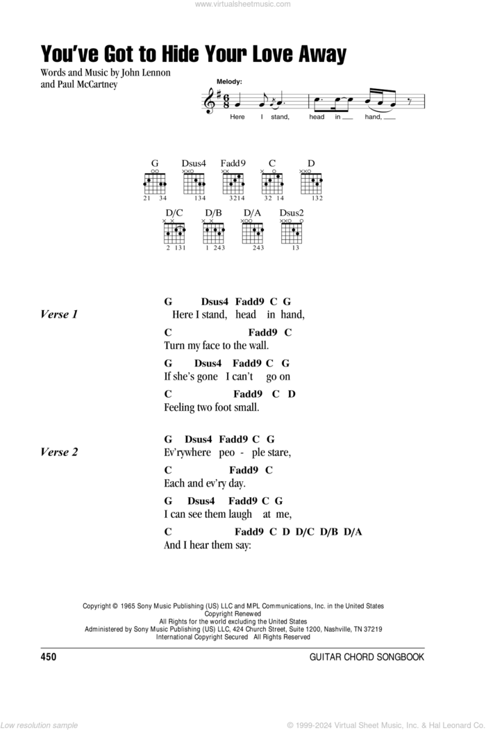 You've Got To Hide Your Love Away sheet music for guitar (chords) by The Beatles, Eddie Vedder, John Lennon and Paul McCartney, intermediate skill level