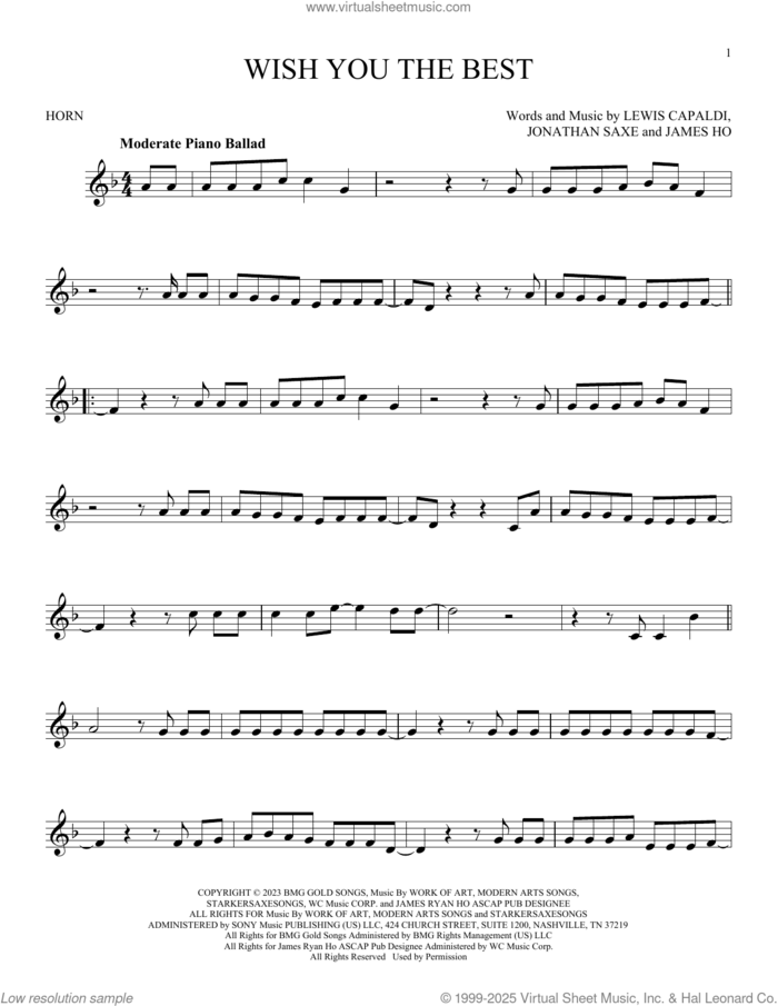 Wish You The Best sheet music for horn solo by Lewis Capaldi, James Ho and Jonathan Saxe, intermediate skill level