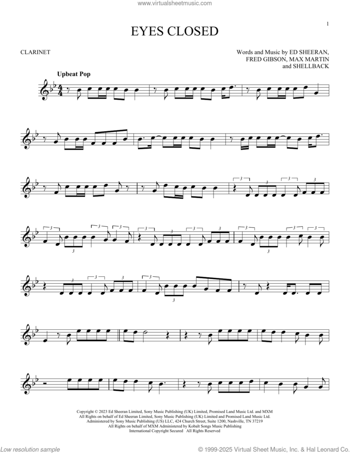 Eyes Closed sheet music for clarinet solo by Ed Sheeran, Fred Gibson, Max Martin and Shellback, intermediate skill level